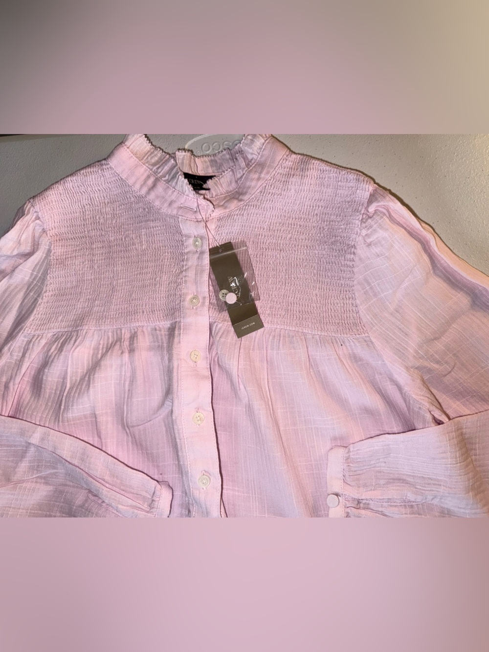 J.Crew NWT Pink Smocked Ruffle Neck Cotton Blouse XS Long Sleeve Boho Top - Picture 5 of 12